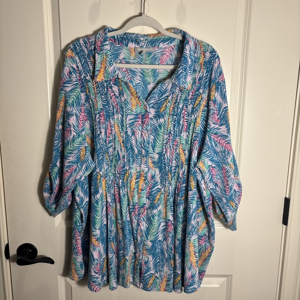 Woman Within Shirt Women's Size 4X  Button Up Tropical Palm Leaf Travel Coastal